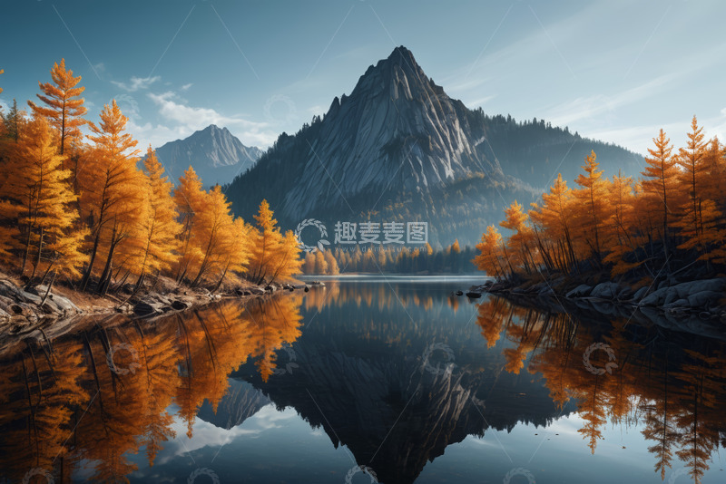 高清大图下载【趣麦麦图】秋日山林湖泊全景