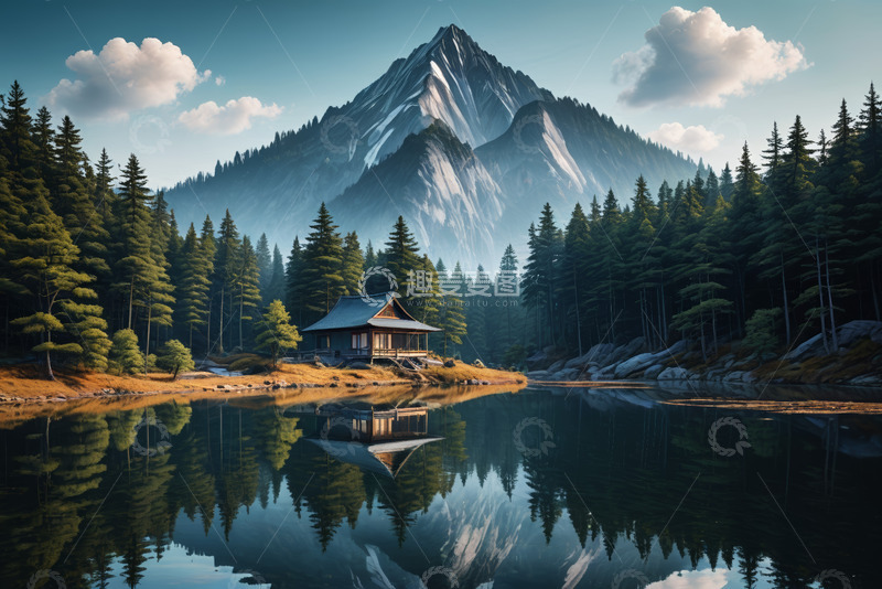 高清大图下载【趣麦麦图】山林湖畔中式小屋风景