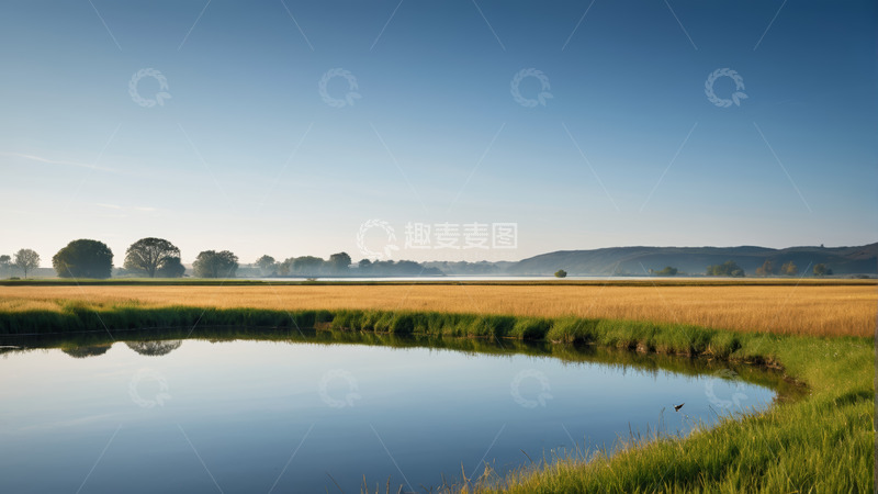高清大图下载【趣麦麦图】田野中的水塘与远处树木景观
