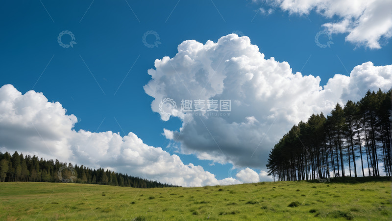 高清大图下载【趣麦麦图】蓝天白云下的草原与树林景观