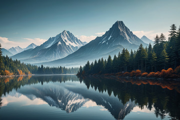 山林湖泊与雪山全景