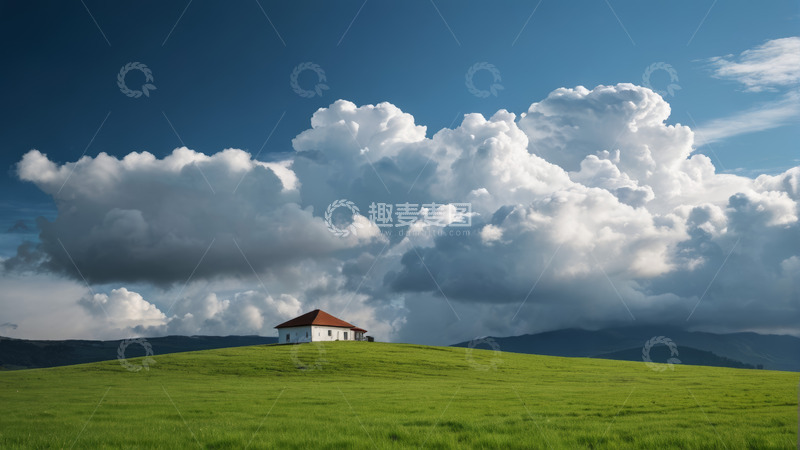高清大图下载【趣麦麦图】绿草地山坡上的红顶小屋