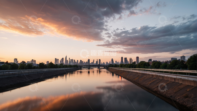 高清大图下载【趣麦麦图】河畔城市天际线黄昏景观