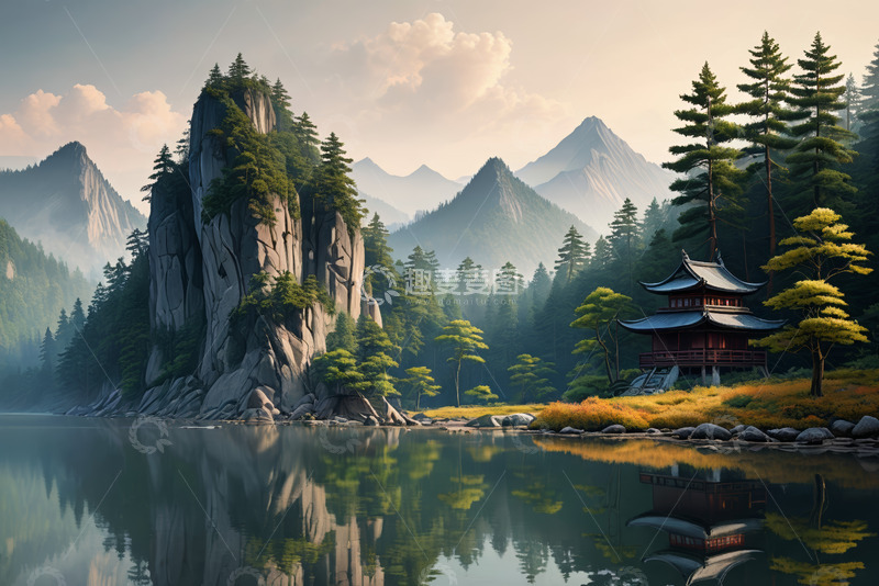 高清大图下载【趣麦麦图】山水间中式建筑自然风光