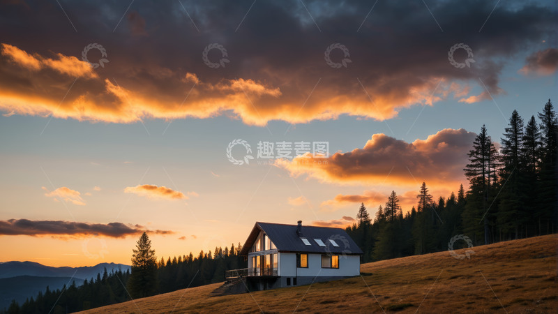 高清大图下载【趣麦麦图】山间小屋日落自然风光