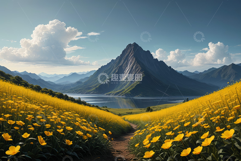 高清大图下载【趣麦麦图】山间黄花田与远山湖泊风景