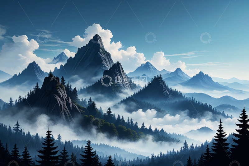 高清大图下载【趣麦麦图】云雾缭绕的山林景观