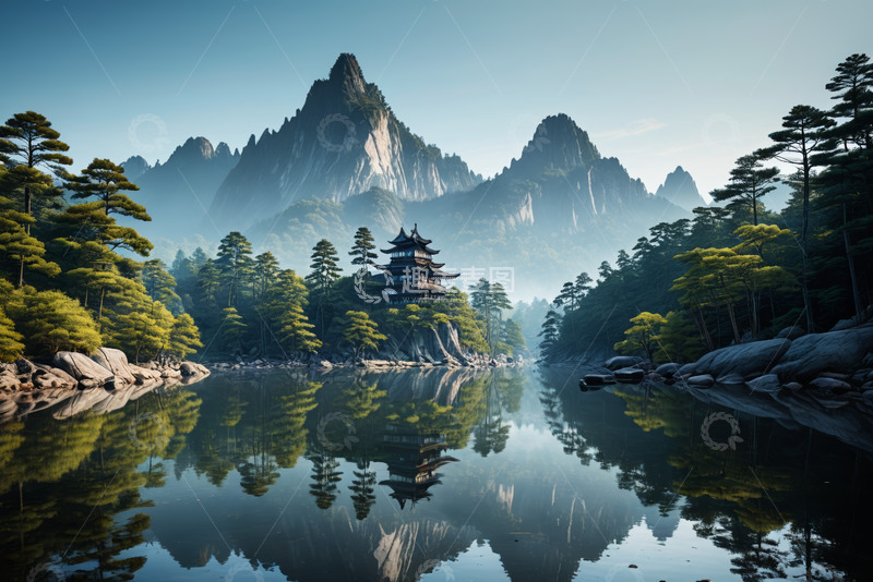 高清大图下载【趣麦麦图】山水间中式古建风景