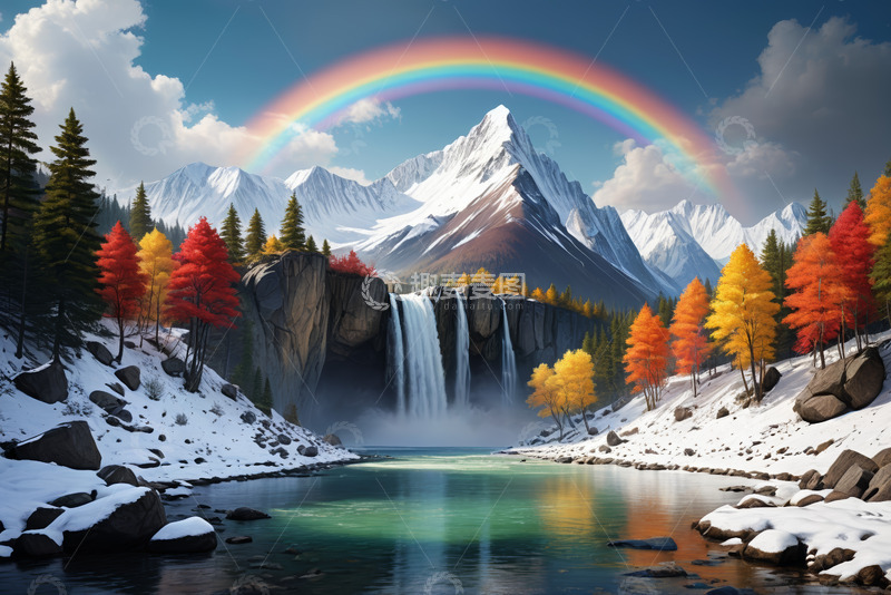 高清大图下载【趣麦麦图】雪山瀑布彩虹自然风光