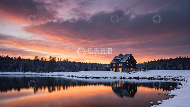 雪后湖畔小屋日落景色
