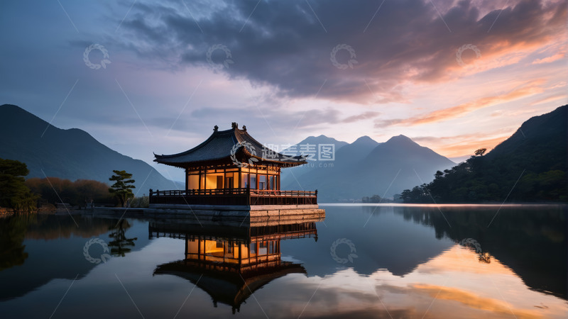 高清大图下载【趣麦麦图】湖畔中式古亭黄昏景致