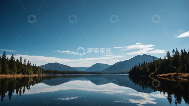 高清大图下载【趣麦麦图】宁静湖泊与远山森林景致