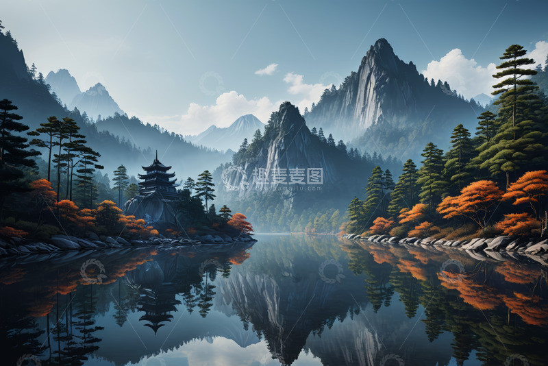 高清大图下载【趣麦麦图】山水间中式建筑风景