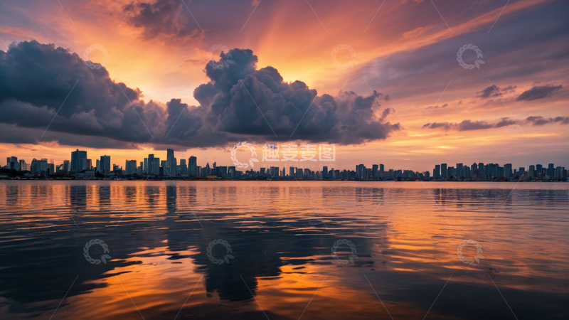 高清大图下载【趣麦麦图】黄昏城市天际线与水面倒影