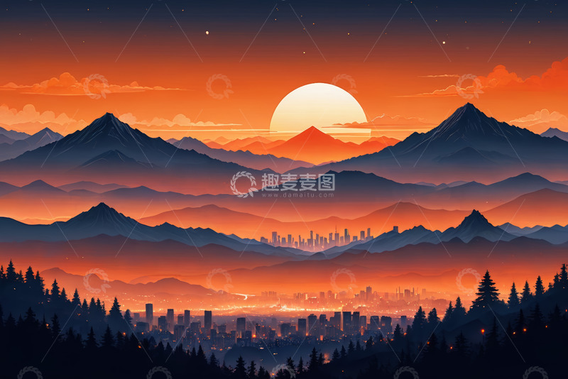 高清大图下载【趣麦麦图】日落时分山城风光