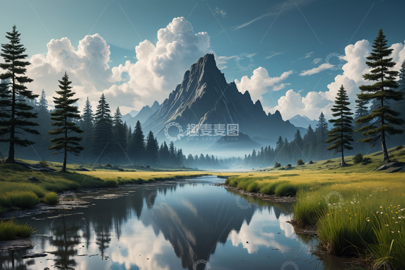 高清大图下载【趣麦麦图】山林间湖泊与远山风景