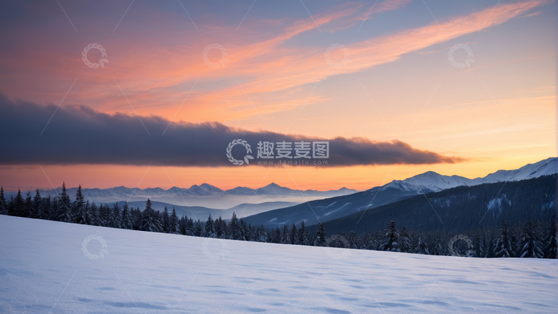 高清大图下载【趣麦麦图】雪中山林的壮丽日出景象