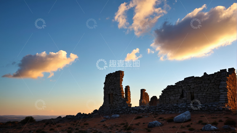 高清大图下载【趣麦麦图】沙漠中残垣断壁与黄昏天空