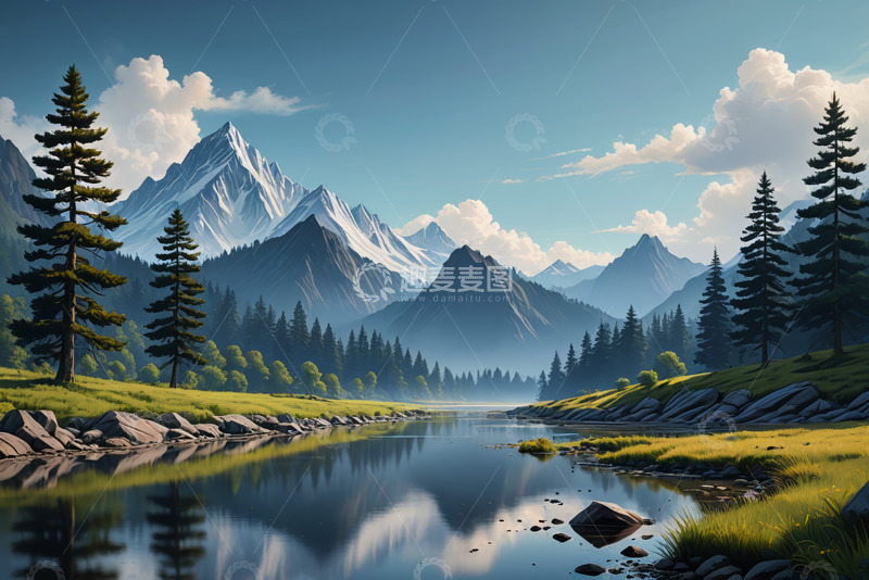 高清大图下载【趣麦麦图】山水间的森林自然景观