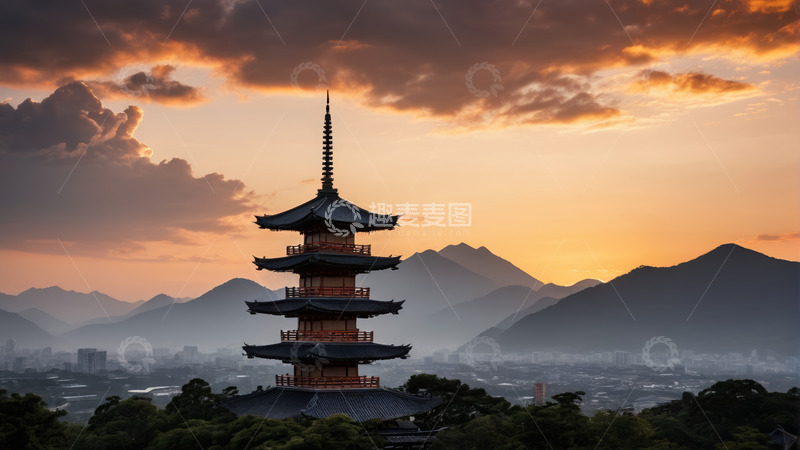 高清大图下载【趣麦麦图】夕阳下的多层古塔与远山景观