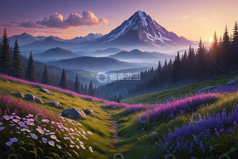 高清大图下载【趣麦麦图】山间花海与森林远景