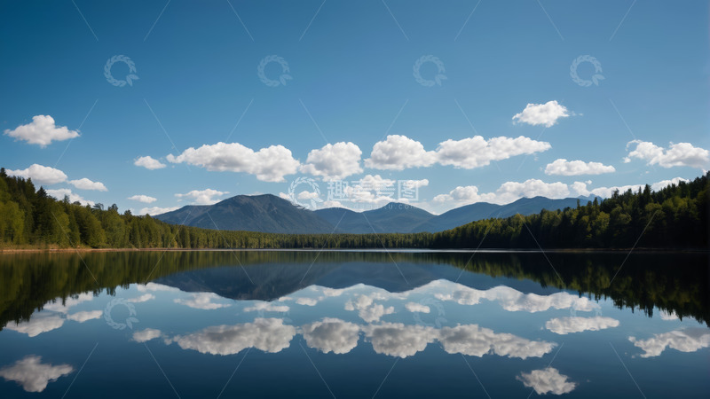 高清大图下载【趣麦麦图】山林湖泊蓝天白云全景