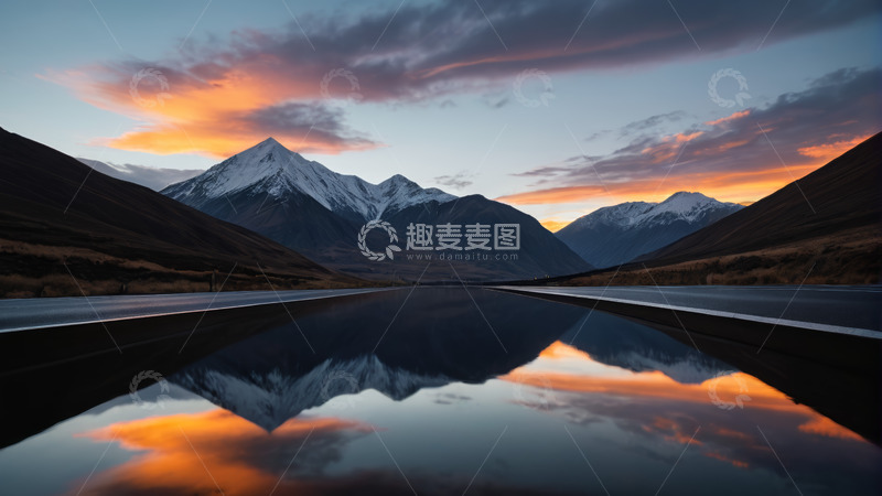 高清大图下载【趣麦麦图】山间公路雪山与日落景象