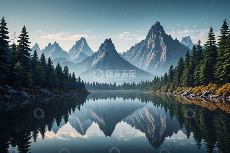高清大图下载【趣麦麦图】山林间平静湖面与远处山峰