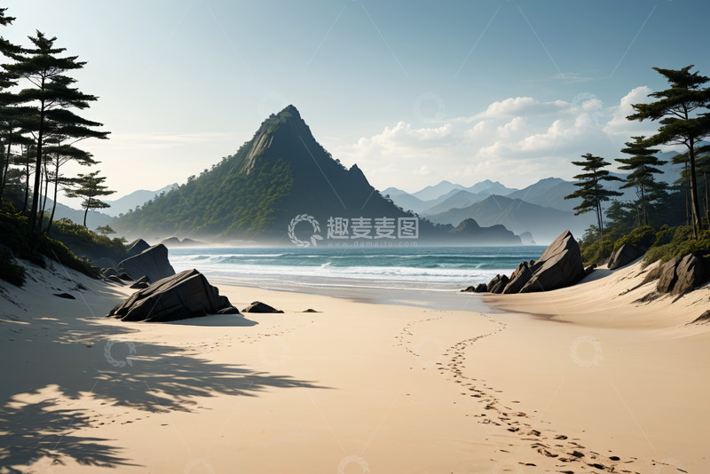 高清大图下载【趣麦麦图】宁静海滩与远处山峦风景