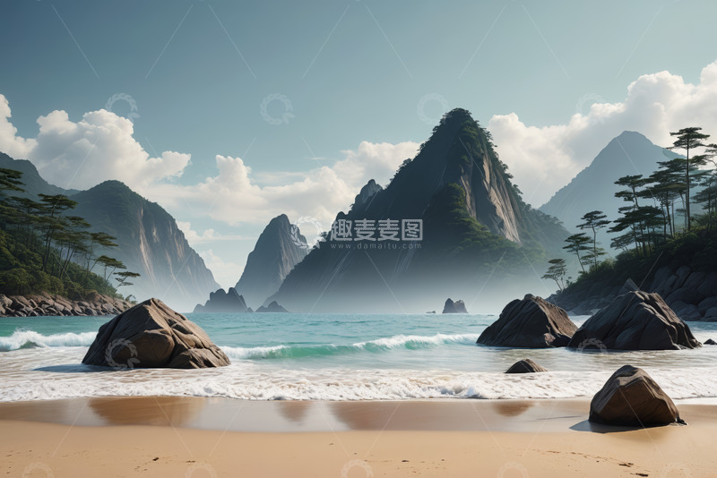 高清大图下载【趣麦麦图】海边沙滩与远山风景