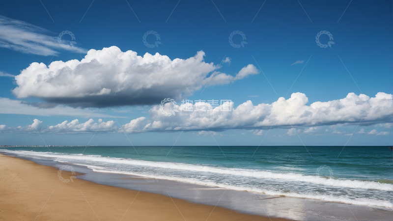 高清大图下载【趣麦麦图】蓝天白云下的海滩与海洋景色