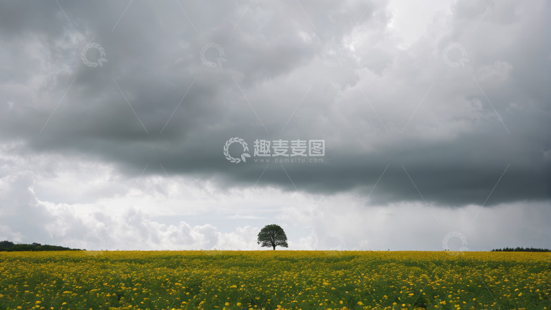 高清大图下载【趣麦麦图】黄色花田中的孤树与天空