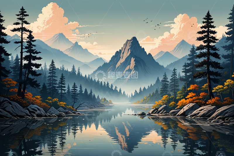 高清大图下载【趣麦麦图】山林湖泊自然风光全景