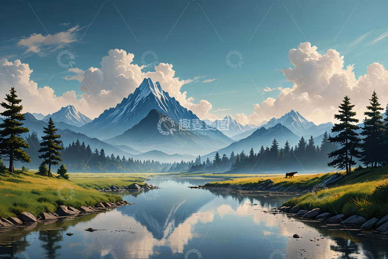 高清大图下载【趣麦麦图】山间湖泊与草地森林风景