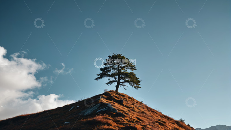 高清大图下载【趣麦麦图】山顶孤树蓝天白云自然景观