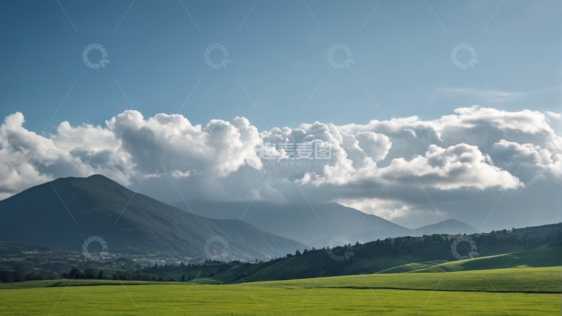 高清大图下载【趣麦麦图】绿色田野与远山的自然风光