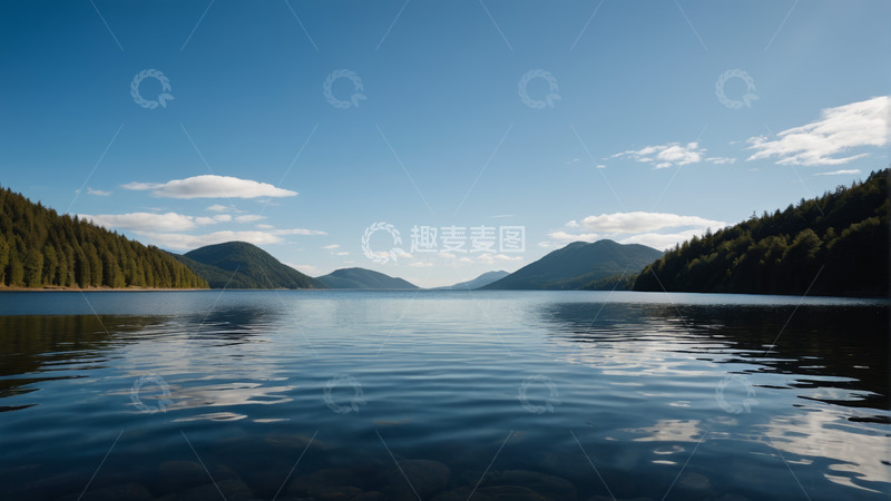 高清大图下载【趣麦麦图】宁静湖面与山林远景