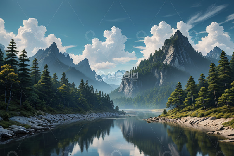 高清大图下载【趣麦麦图】山林间平静的河流自然景观