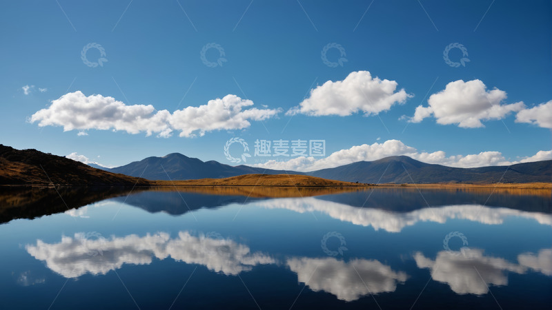 高清大图下载【趣麦麦图】蓝天白云下的平静湖泊风光