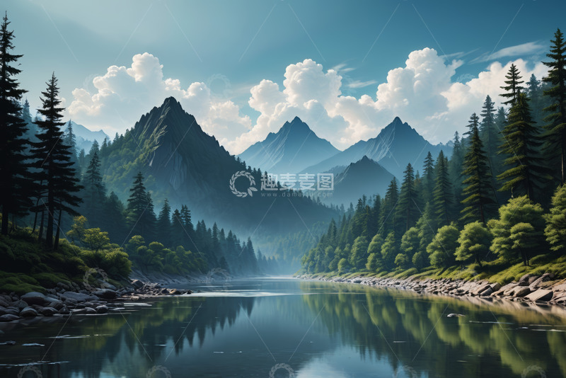 高清大图下载【趣麦麦图】山林间河流自然风光全景