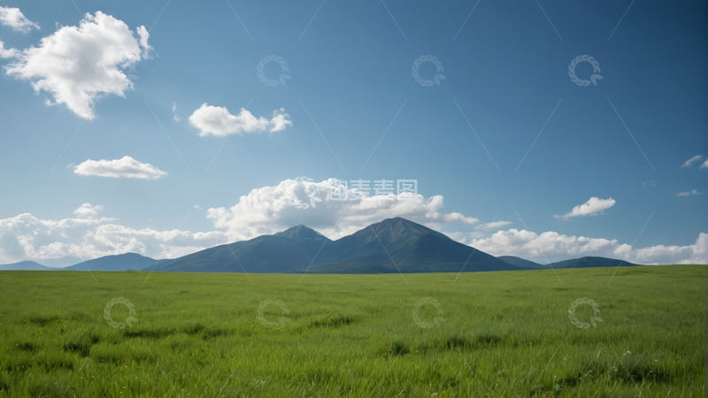 高清大图下载【趣麦麦图】草原上的远山与蓝天白云景观