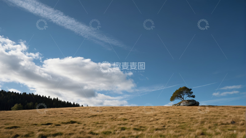 高清大图下载【趣麦麦图】开阔草地孤树与蓝天白云