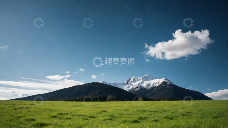 高清大图下载【趣麦麦图】雪山下的广阔绿色草原