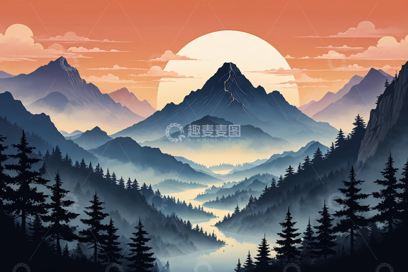 高清大图下载【趣麦麦图】夕阳下的山林山谷风景