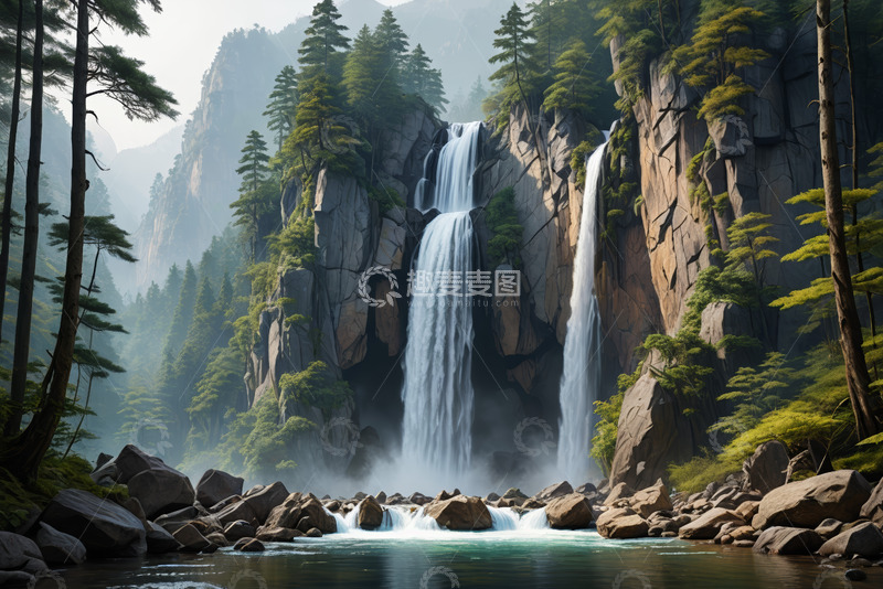 高清大图下载【趣麦麦图】山林间壮丽瀑布景观