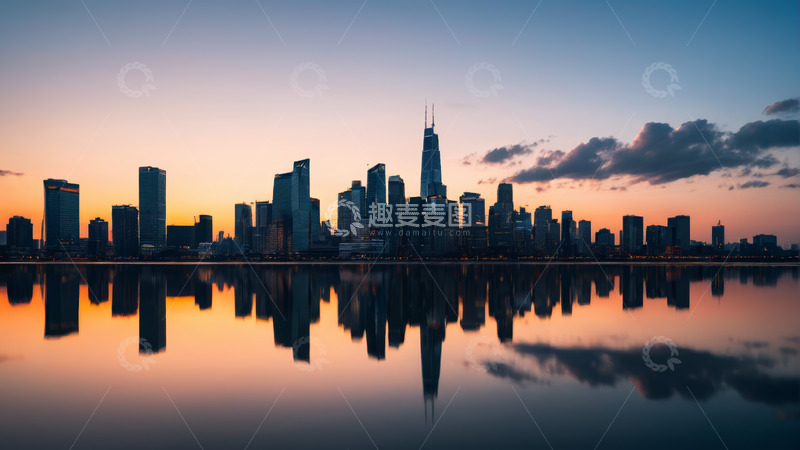 高清大图下载【趣麦麦图】城市高楼黄昏湖景倒影