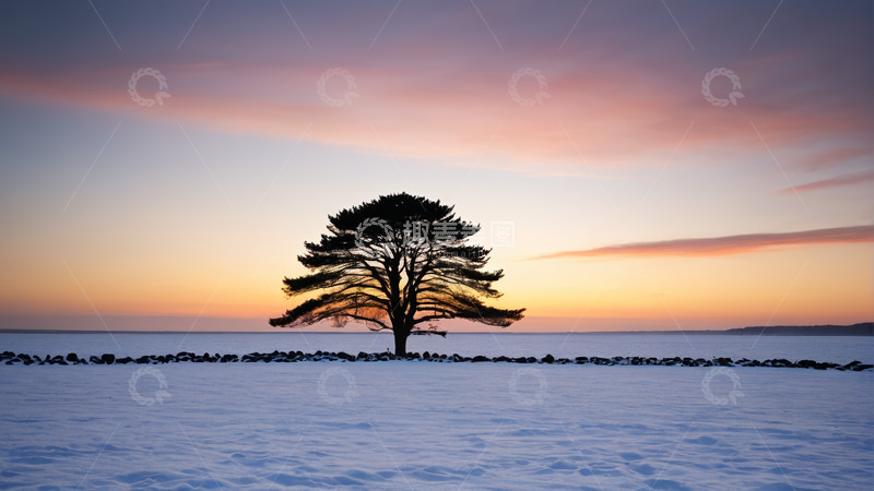 高清大图下载【趣麦麦图】雪地中孤独的树与日落景观