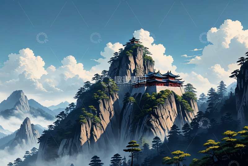 高清大图下载【趣麦麦图】山峰上的中式古建筑风景