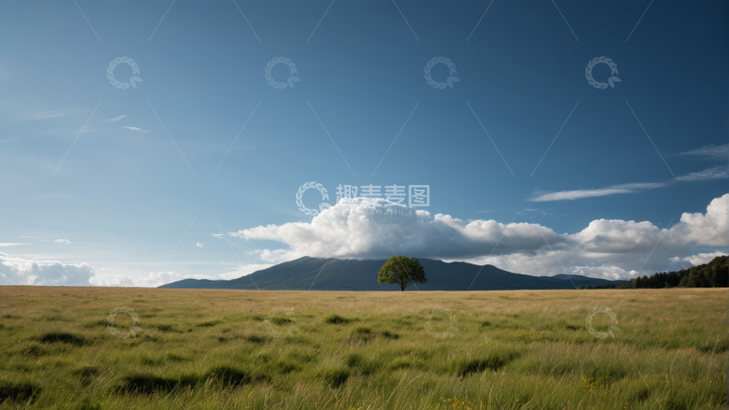 高清大图下载【趣麦麦图】草原上的孤树与远山风景