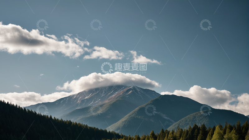 高清大图下载【趣麦麦图】蓝天白云下的山林与远山景色